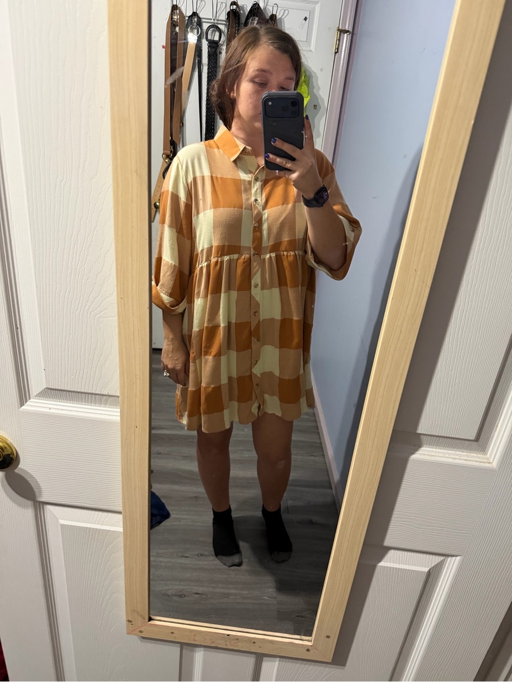 entro Mustard and Cream Plaid Mini Shirt Dress